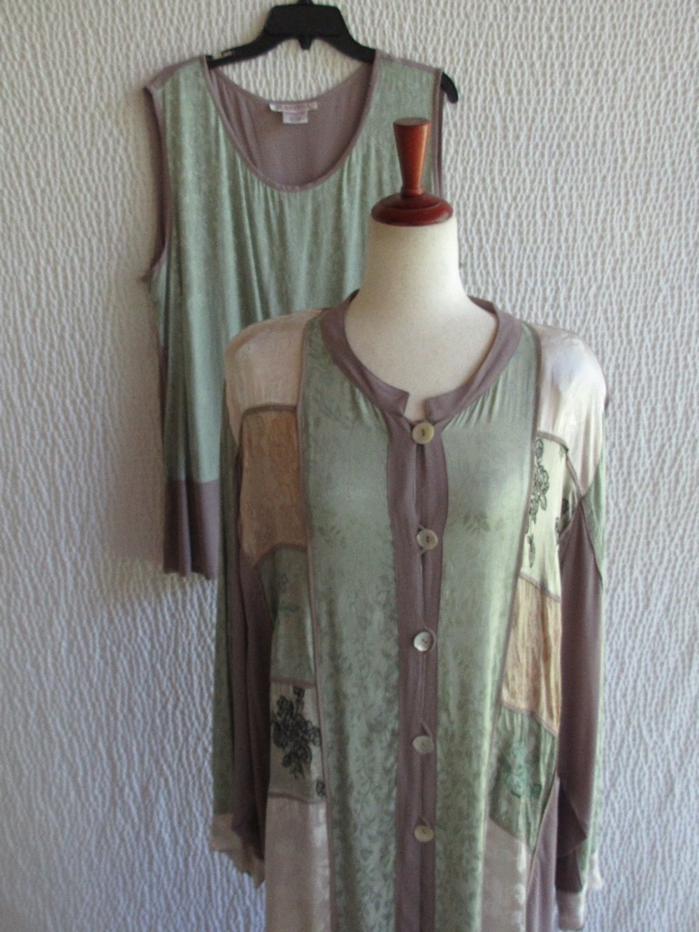Patchwork Silhouettes Duster Vtg 26 Set Top Jacket Green Gray Beige Mix Fabric